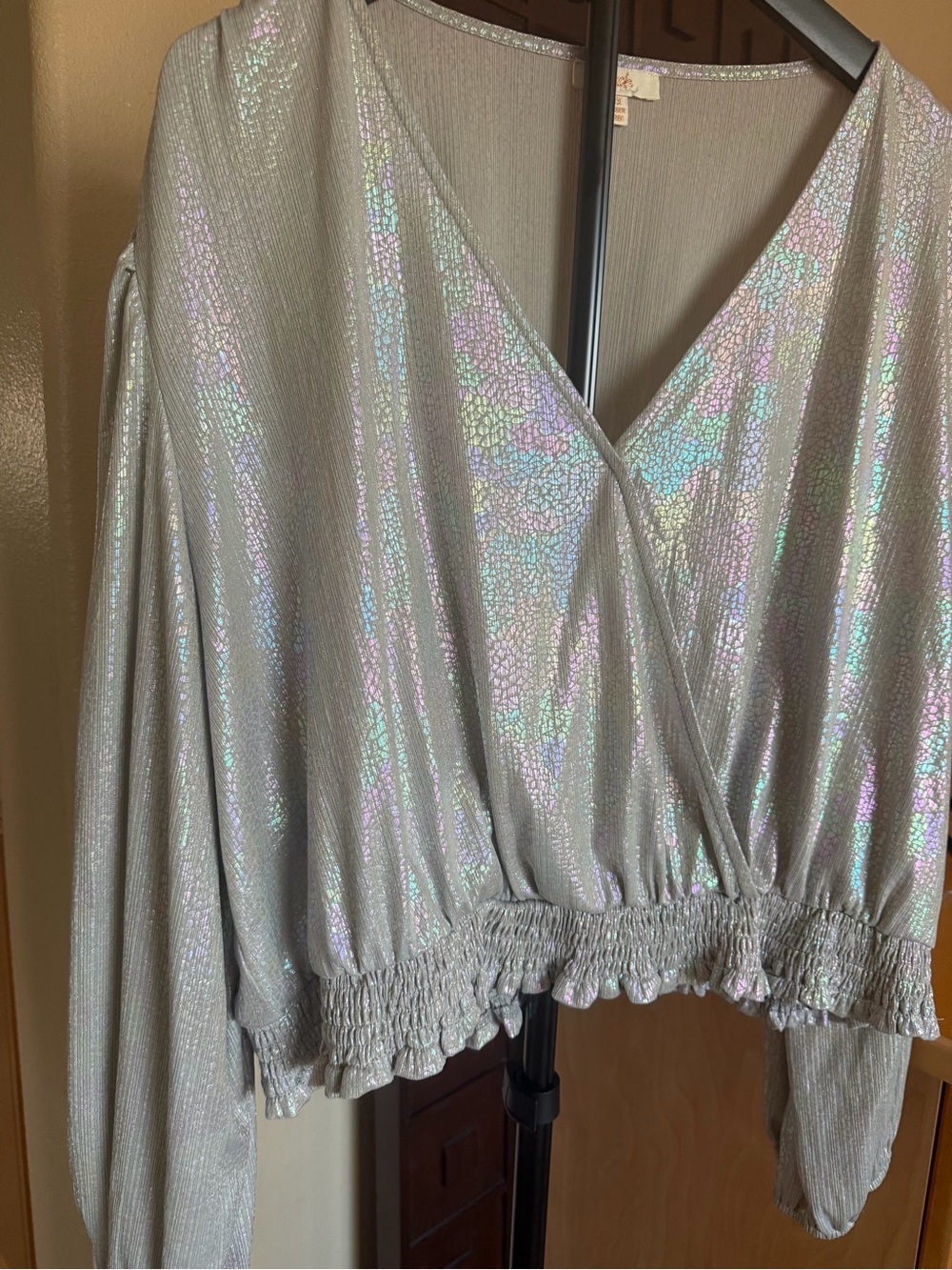 Iridescent Silver Wrap Long-Sleeve Top with Smocked Hem